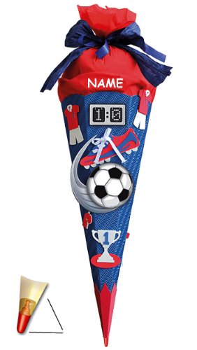 BASTELSET Schultüte - Fußball 85 cm - mit Holzspitze - Zuckertüte Roth - ALLE Größen - 6 eckig Fußballer Fussball Sport Jungen rot blau - 